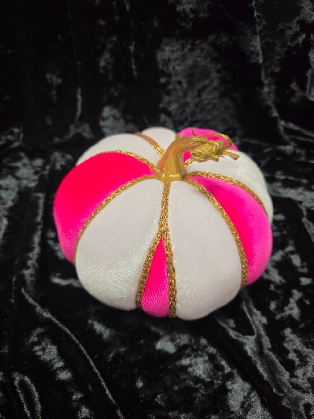 Pink and White Velvet Pumpkin, Gold Cord Trim, Handcrafted